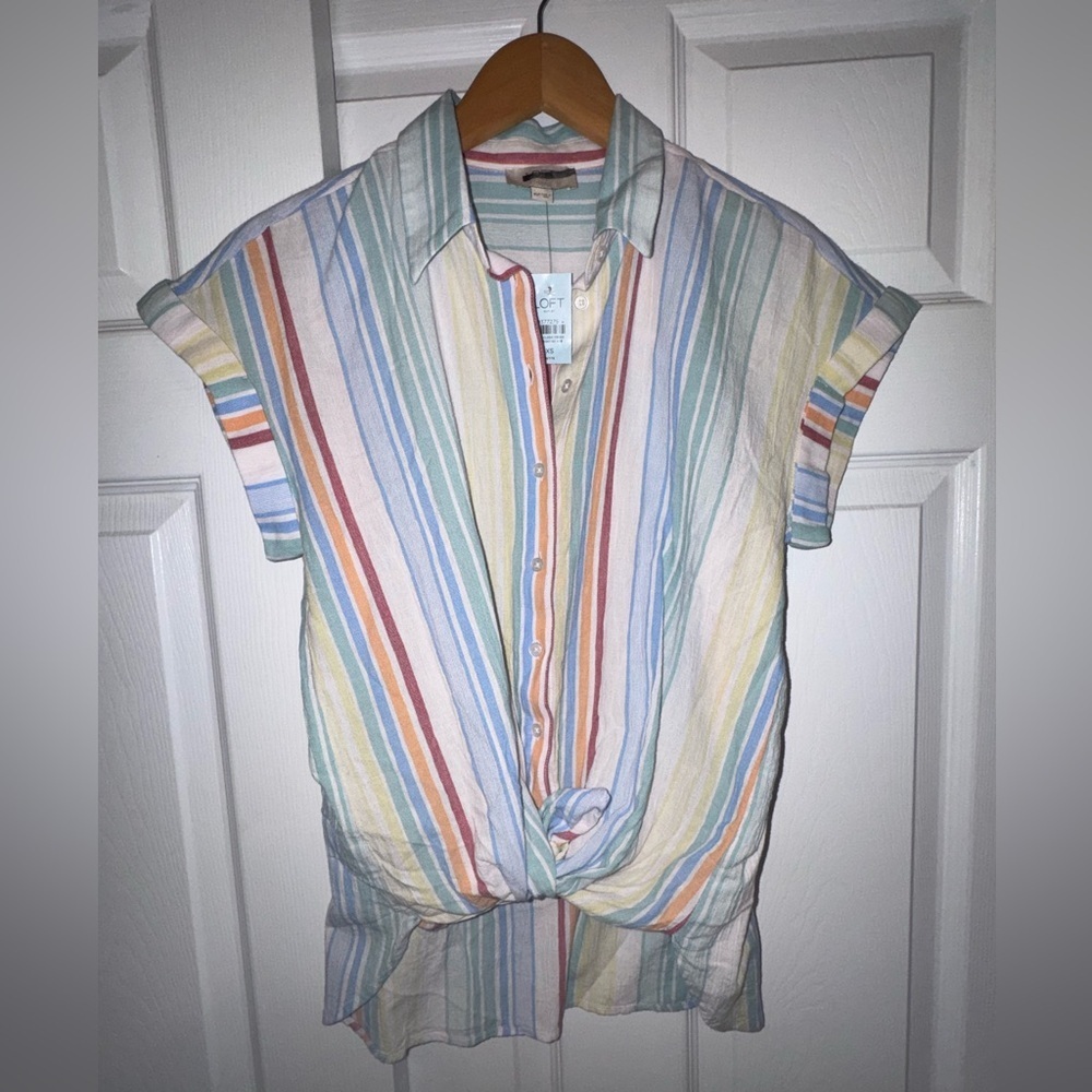 LOFT Petite XS Striped Button-Front Top | Lightweight Cotton Blend